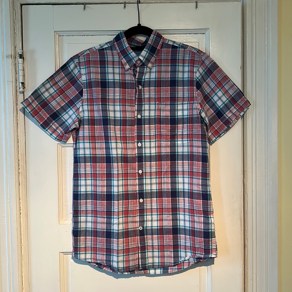 Izod Men’s Red and Blue Plaid Collared Button Up T-Shirt